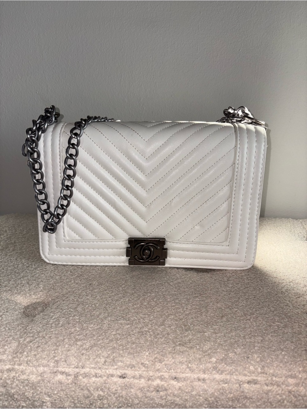 White Quilted Chain Shoulder Bag with Lock